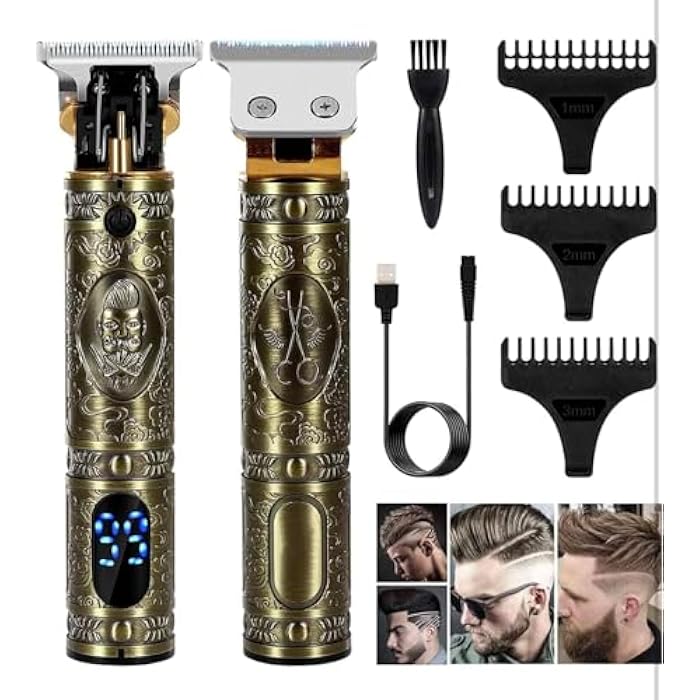 Endzone Professional Rechargeable Digital Display Cordless Beard Hair Trimmer Kit with Guide Combs Brush USB Cord for Men, Family or Pets Rechargeable Li-ion Battery 120 minutes Runtime - Gold - Image 1